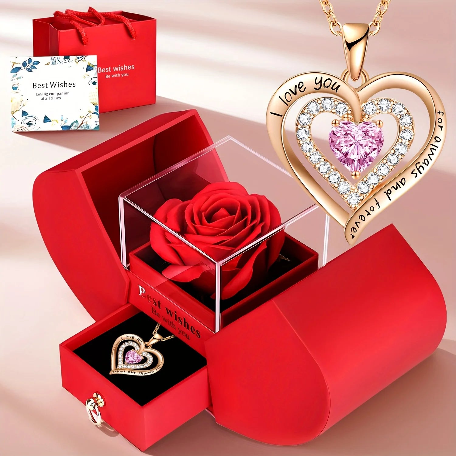 Exquisite Pink Heart Necklace withRed Rose Gift Box for Wife,Mother's Day Present,Valentine's Date Souvenir,Anniversary Keepsake