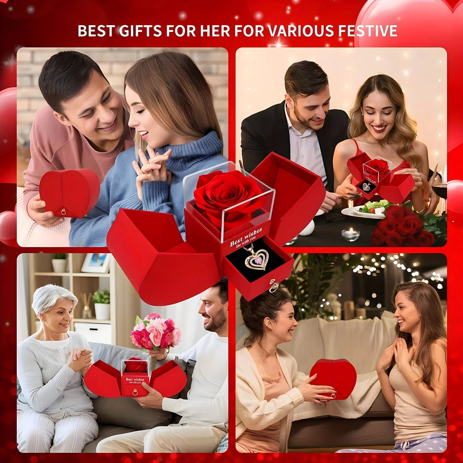 Exquisite Pink Heart Necklace withRed Rose Gift Box for Wife,Mother's Day Present,Valentine's Date Souvenir,Anniversary Keepsake