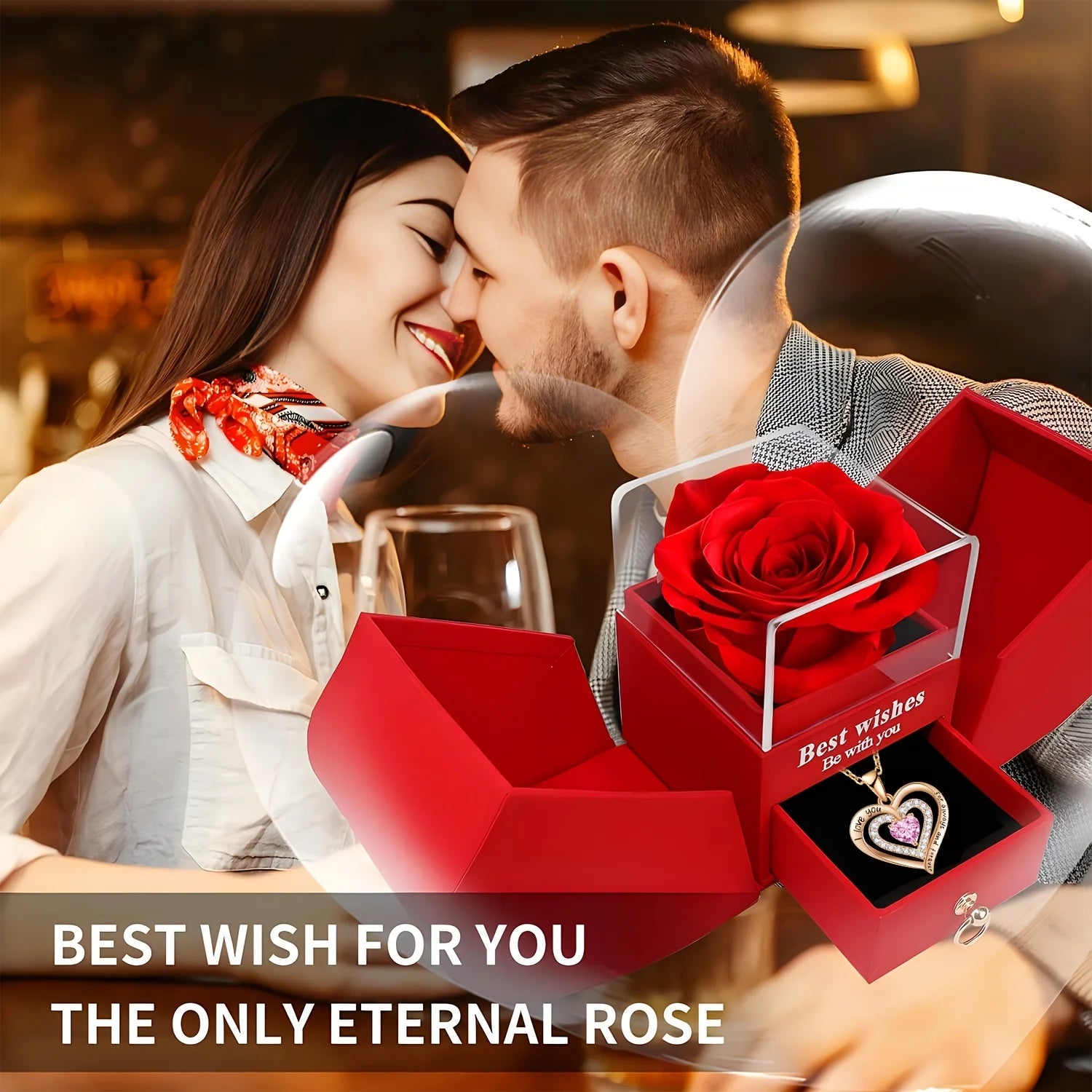 Exquisite Pink Heart Necklace withRed Rose Gift Box for Wife,Mother's Day Present,Valentine's Date Souvenir,Anniversary Keepsake